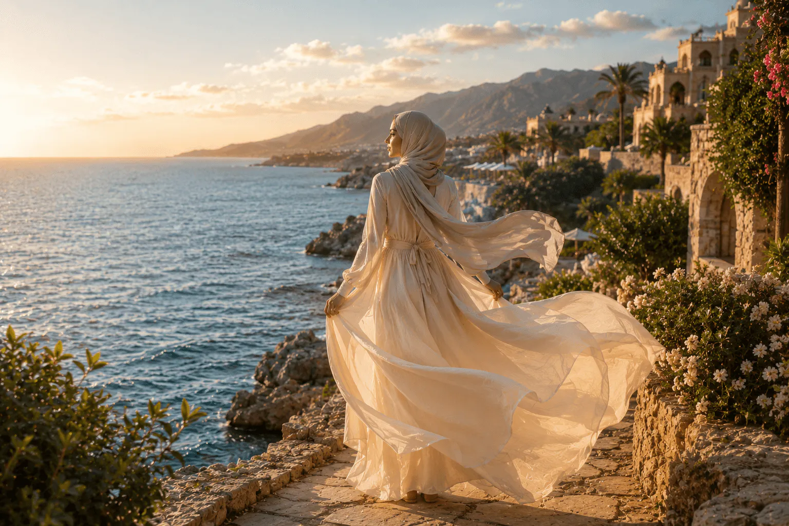 A woman in a flowing dress by the sea